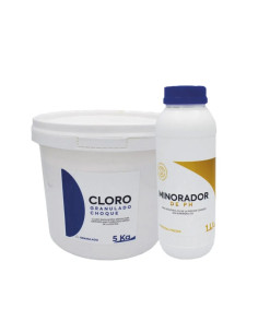 Cloro 5 acciones sin Cobre en pastillas 5kg + Minorador de pH 1 lt 2